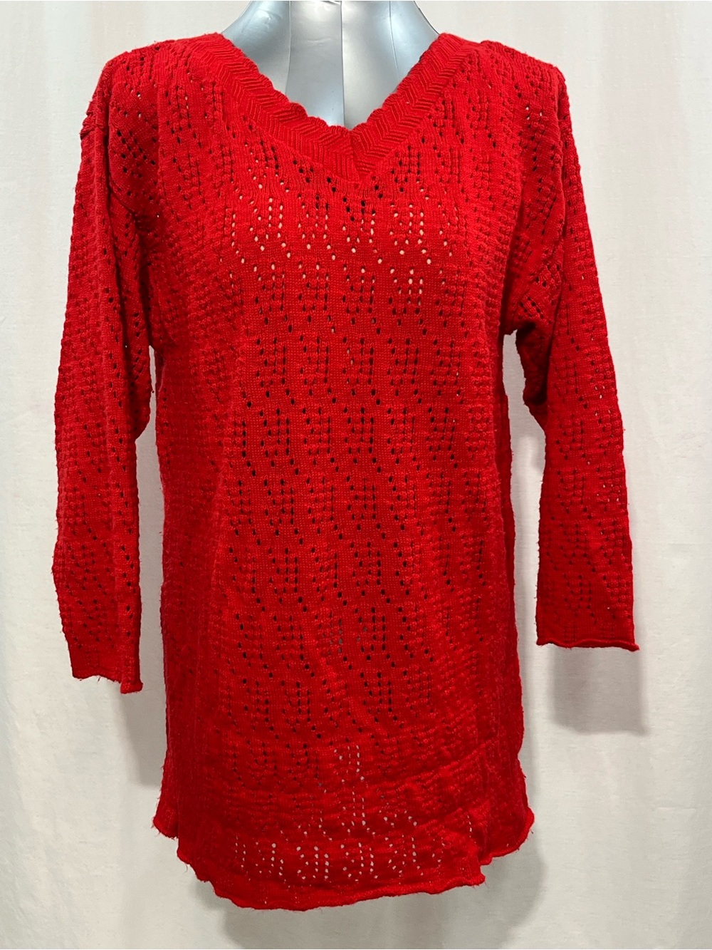 Jessica Bright Red Open-Knit V-Neck Sweater tunic leggings casual work 1440